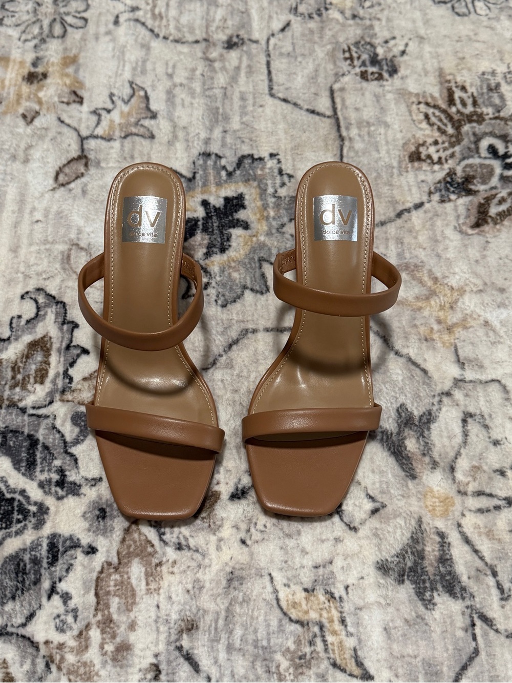 DV by Dolce Vita Brown Double-Strap Square-Toe Heeled Sandals